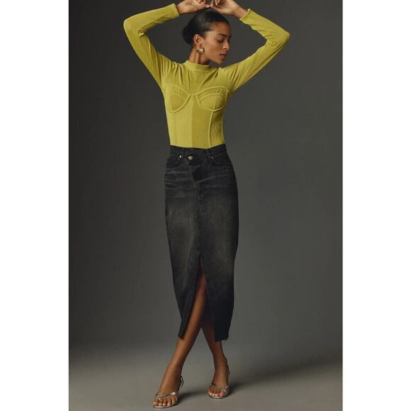 Reformation Dresses & Skirts - Reformation Nila Long Denim Skirt Front Slit Raw Hem Faded Washed Black Size 28